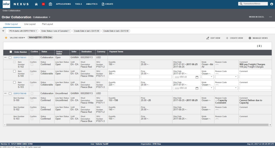 screenshot of Infor Nexus